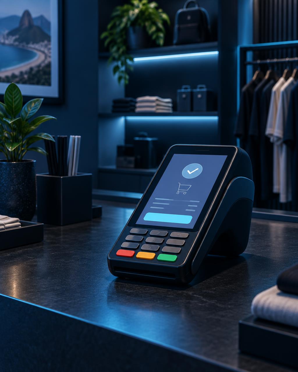 Terminal POS executando o sistema PDV+ em um balcão de loja